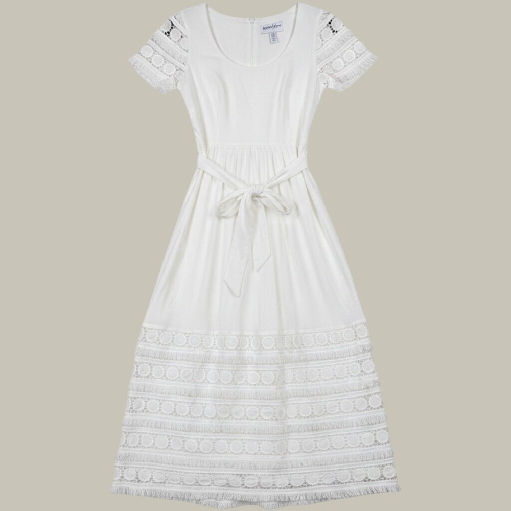 Mark & James Badgley Mischka White Eyelet Fringe Midi Dress Size 2 Bridal Boho